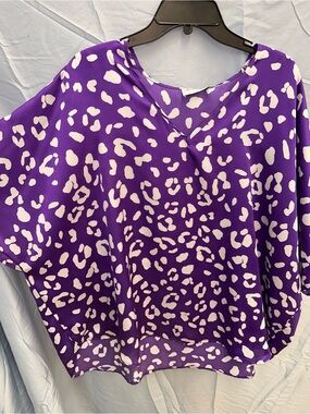 Adrienne Purple and White Spot Print V-Neck Top